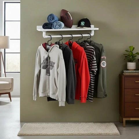 Cabideiro Prateleira de Parede Roupas e Acessórios Estilo Industrial Branco