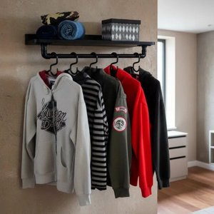 Cabideiro Prateleira de Parede Roupas e Acessórios Estilo Industrial Preto