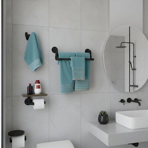 Kit Acessórios para Banheiro 3 Peças Porta Toalhas Papel Cabideiro Estilo Industrial Preto Laca