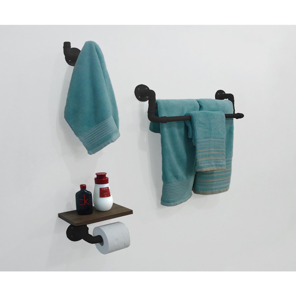 Kit Acessórios para Banheiro 3 peças Porta Toalhas Papel Cabideiro Estilo Industrial Preto Laca - 1