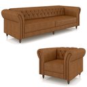 Ver imagem 2 de Conjunto Sala de Estar 1 Sofá Living 260cm e 1 Poltrona Stanford Chesterfield Pés Madeira Couro Mel