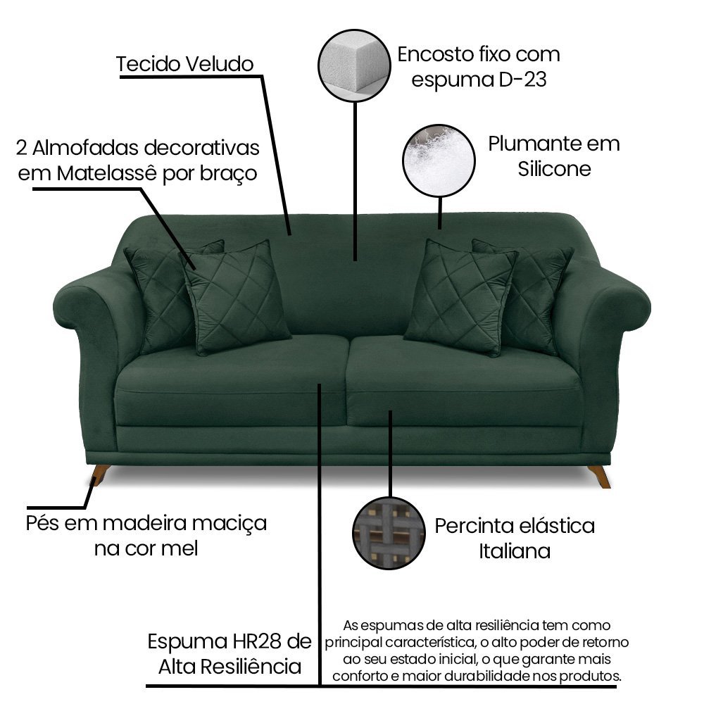 Sofá 3 Lugares 2,00 m Veludo Verde Floresta com pés de Madeira e 2 almofadas Apollo Zahav Estofados - 7