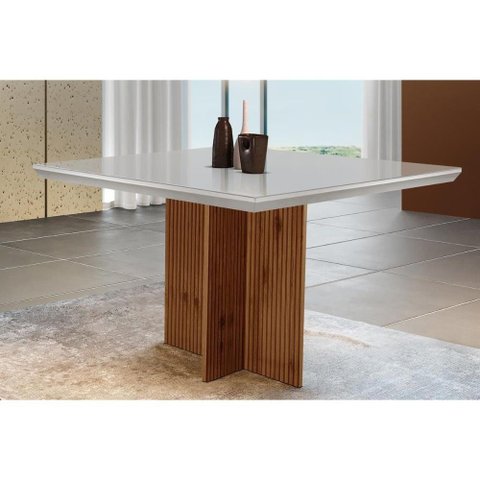 Mesa de Sala Jantar Tampo Madeirado Vidro Reto 90x90cm Off White-imbuia Ripado