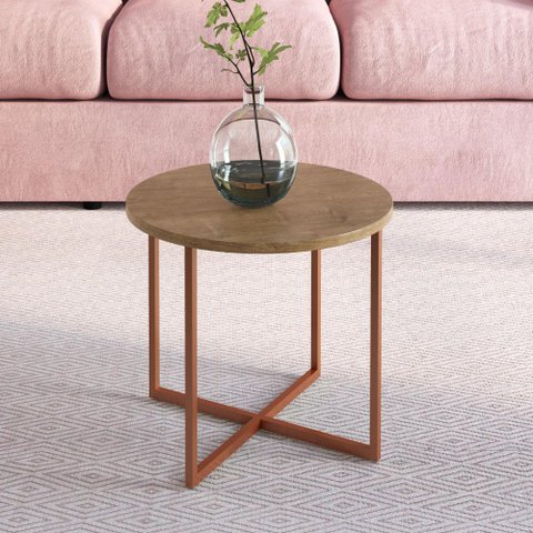 Mesa de Centro Industrial Redonda 50cm - Carvalho/Cobre