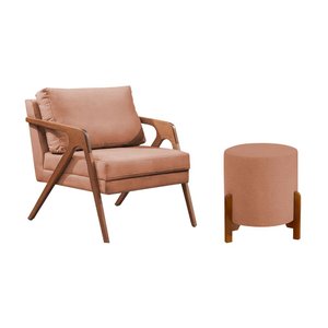 Conjunto Poltrona Mona Decorativa e Puff Thor Estofado Base Madeira Maciça Linho Terracota