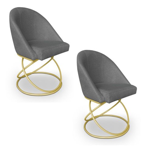 Kit 02 Cadeiras Poltrona de Jantar Bela Linho Grafite Base Metálica Luxo Dourado - Pallazio