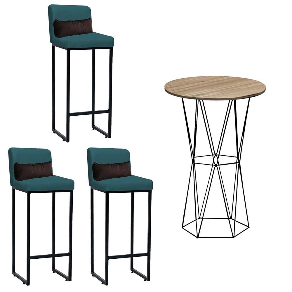 Kit Mesa Bistrô Flork e 3 Banqueta Lucca Tampo Castanho Ferro Preto Suede Azul Turquesa e Almofada M - 1