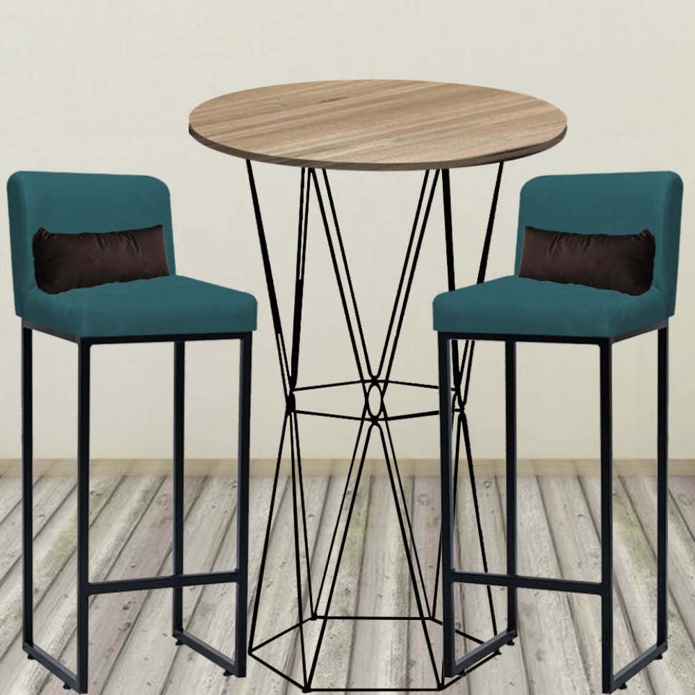 Kit Mesa Bistrô Flork e 3 Banqueta Lucca Tampo Castanho Ferro Preto Suede Azul Turquesa e Almofada M - 2