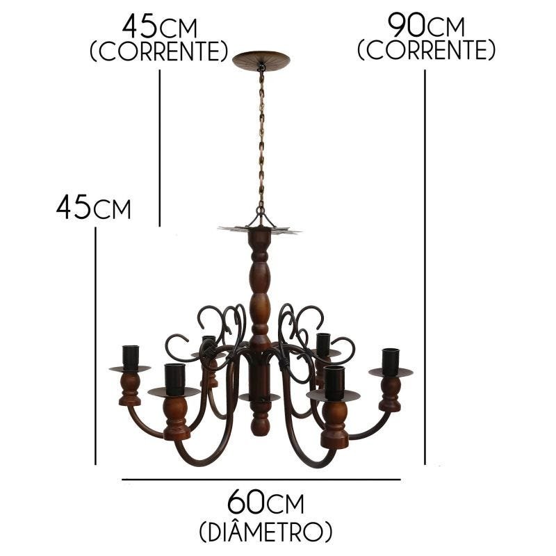 Lustre De Madeira Torneado 6 Bocais Decoração Área Provençal - Verniz - 2