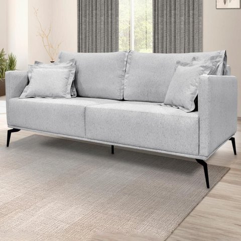 Sofá 3 Lugares 2,20m Estofado em Linho Rústico Grigio com Pés Metálicos - Living Lucadi Home