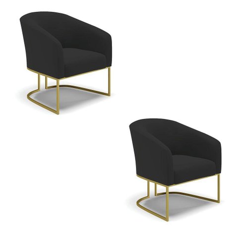 Kit 02 Poltronas Veludo Base Industrial Dourada Preto