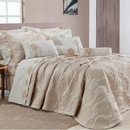 Kit Cobre Leito + Jogo de Cama Queen Bristol - 100% Alg. 200 Fios 07 Peças - Caqui - 1