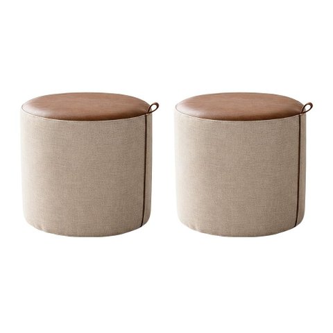 Kit 2 Puffs Requinte Design Elegante Decorativo Sala Moderna Premium Luxo - Couro Marrom/Linho Bege