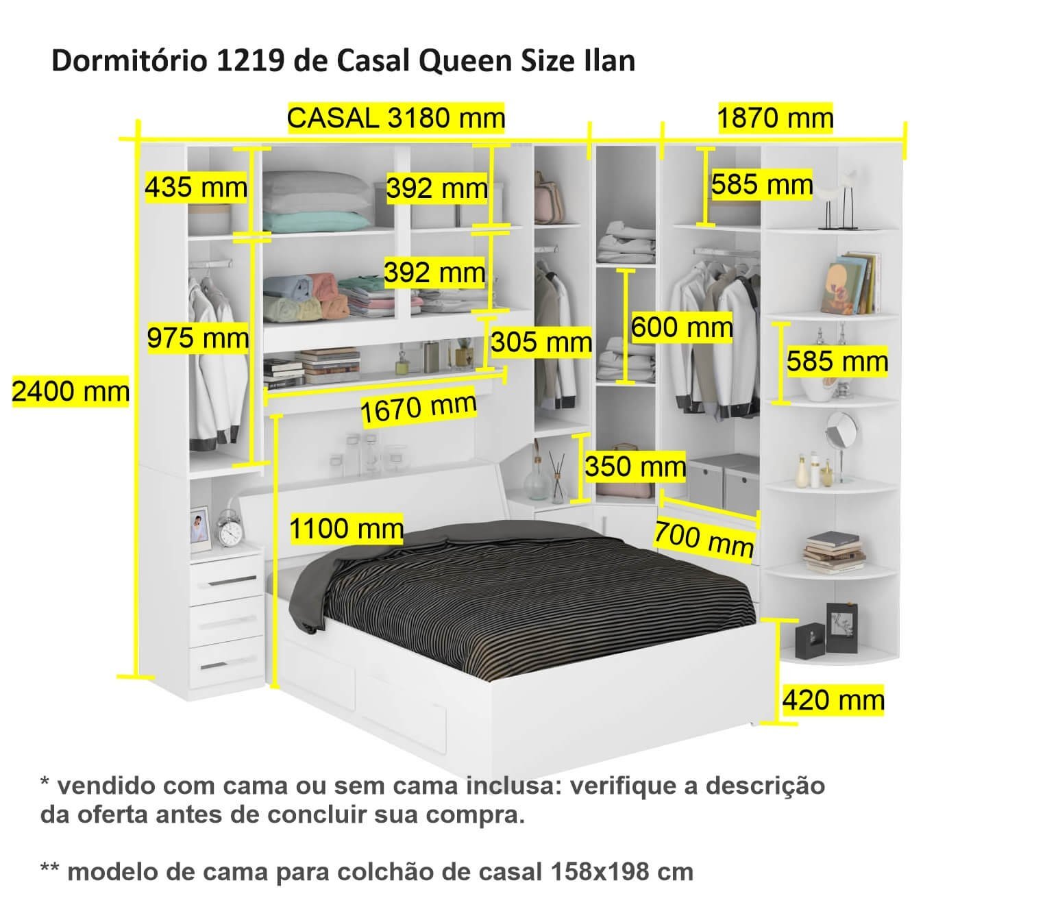 Dormitório Queen Size Sem Cama 1219S Castanho - 3