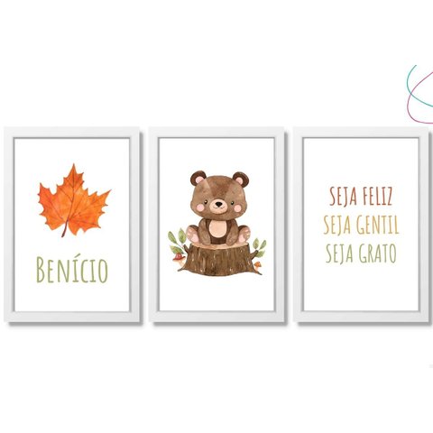 3 Quadros Decorativos Infantil Ursinho Bosque Outono:branca