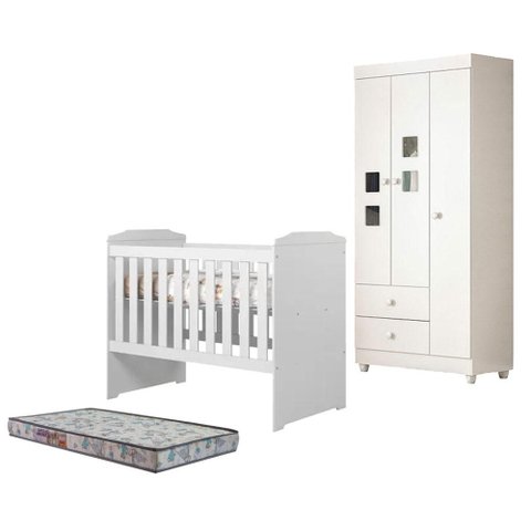 Berço Americano Carinho com Guarda Roupa Life Branco Acetinado Colchão Americano Sleep - Tigus