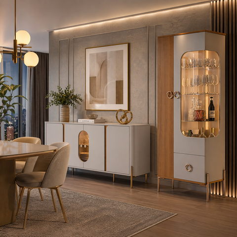 Cristaleira e Aparador Buffet Mdf Portas Vidro Led Embutido Sala Jantar Buffet Hall Louças Taças:off