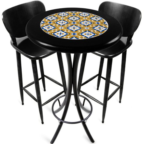 Cj Mesa Madeira Azulejo 60cm - Bistrô Fixa 98cm + 2 Banquetas 73 - Preta - Anos Dourados
