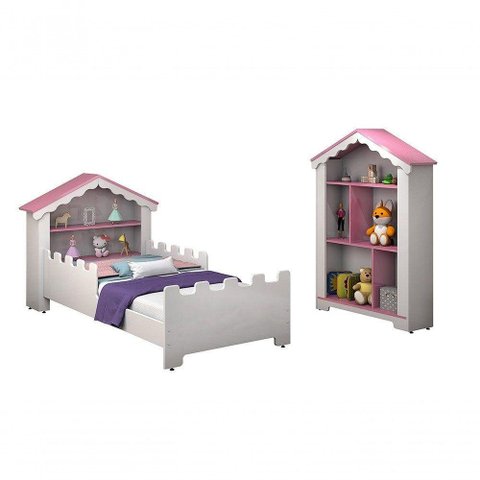Quarto Princesa C/Cama, Estante,Colchão Branco/rosa