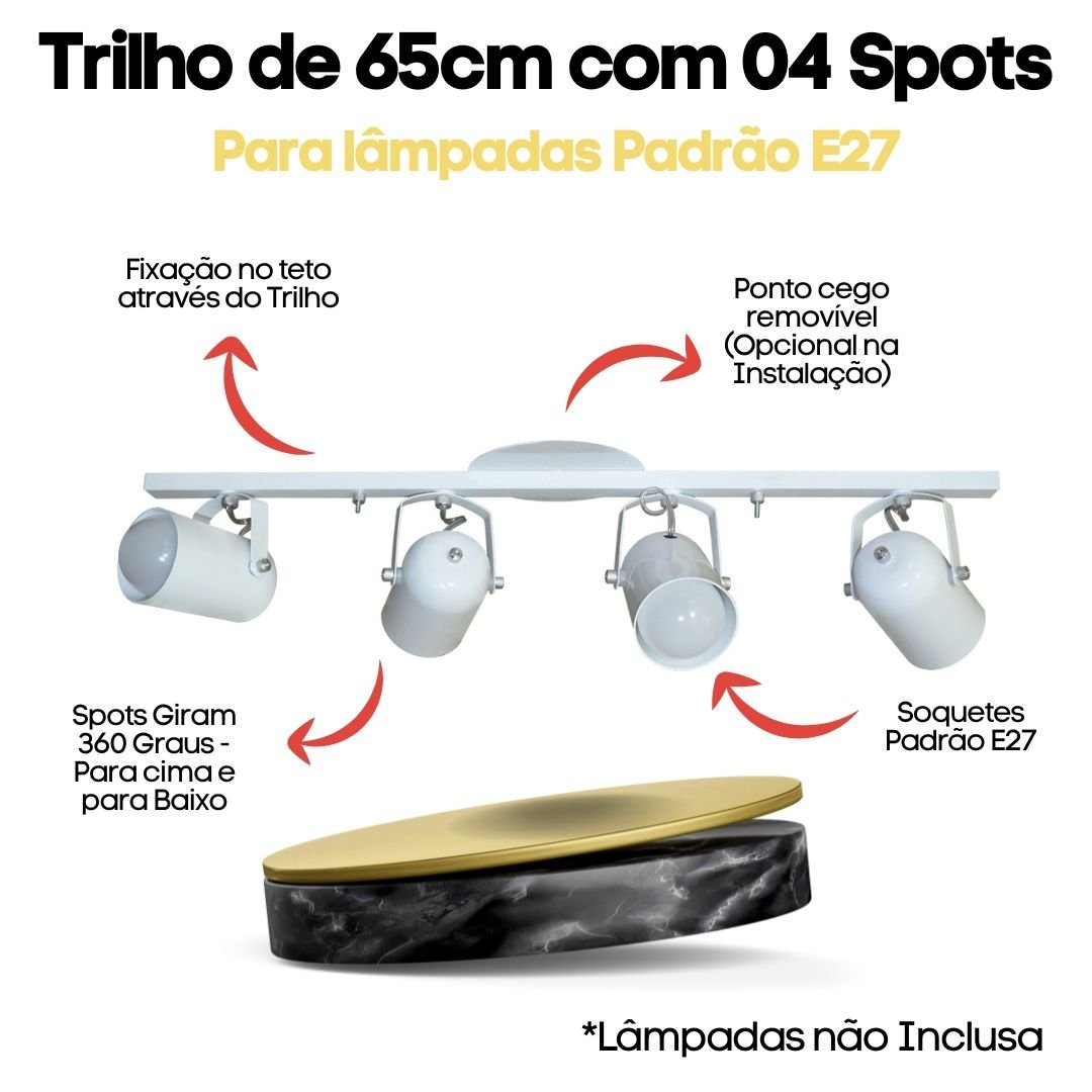Spot no Trilho de 65cm para 04 Lâmpadas Ideal para Sala Cozinha Quarto Cor Branco (110v/220v) - 3