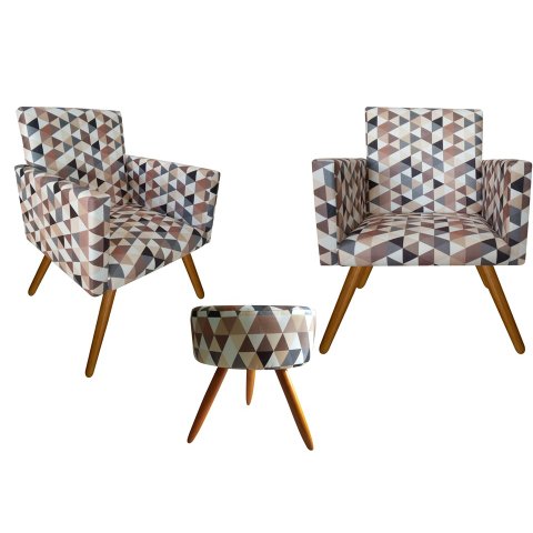 Kit 2 Poltronas Decorativa Bia + Puff Redondo Suede Triângulo Bege Pés Madeira Ms Decor