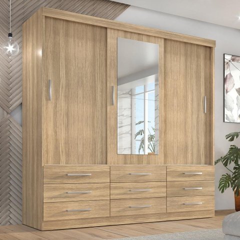 Guarda-Roupa Casal 3 Portas Correr 9 Gavetas com Espelho Capri