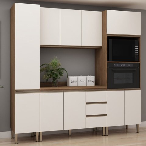 Cozinha Completa Modulada 4 Peças 222cm x 230cm Conecta Bege/Ébano/Off White
