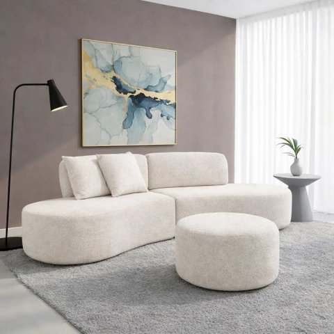 Sofá Estopar Virginia 4 Lugares 250cm com Puff Bouclé Branco