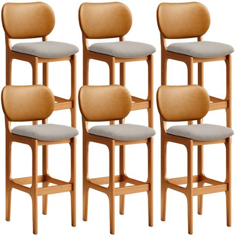 Kit 06 Banquetas Altas Para Cozinha Betta L02 Imbuia Couríssimo Whisky Linho Bege - Lyam Decor