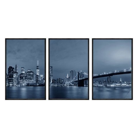 Kit 03 Quadros Decorativos - Ponte Brooklyn Noturna Ct008 - Tela Canvas - 60x80cm