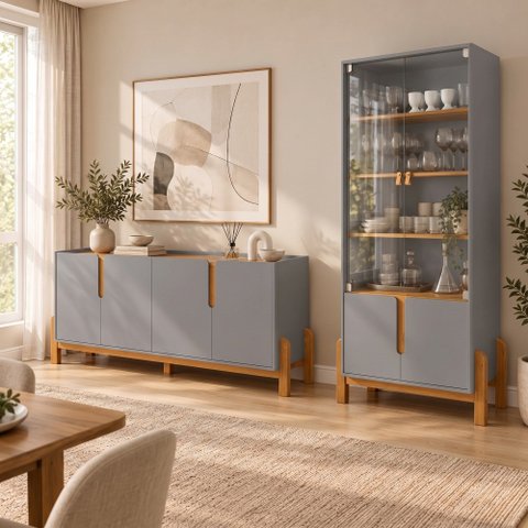 Conjunto Buffet + Cristaleira Lizz Cinza Pérola Buffet 170 cm Casa D