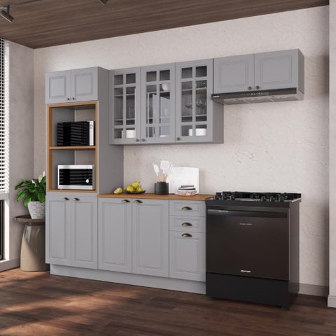 Armário de Cozinha Modulada Compacta Fidelitá Nara 100% MDF 4 Peças 270cm 12 Portas 2 Gavetas com