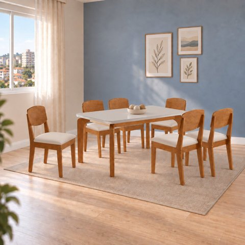 Conjunto de Mesa de Jantar Dublin 180 Tp MDF Vidro Canto Copo 6 Cadeiras Cleo