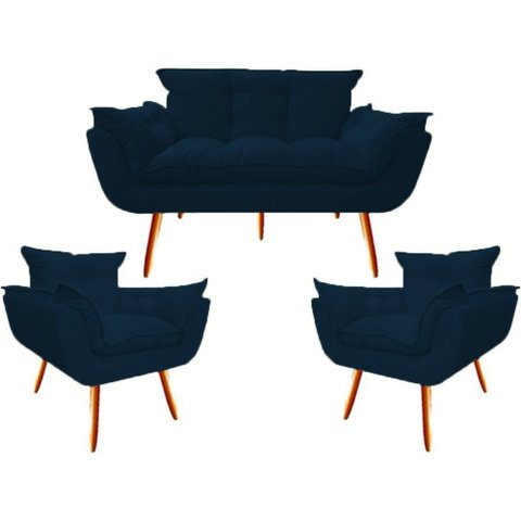 Kit Namoradeira + 2 Poltronas Decorativa Opala Suede Azul Marinho - Twdecora