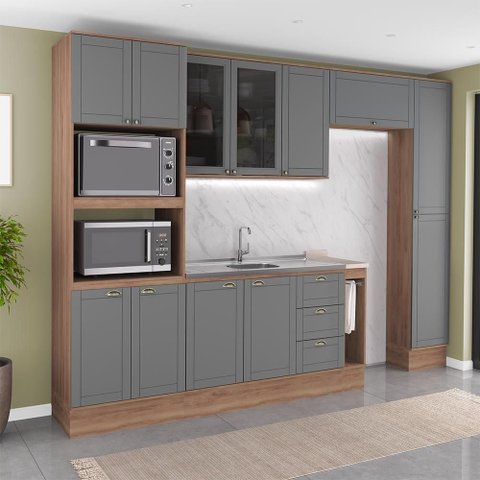 Cozinha Milla Right 12 Portas 3 Gavetas MDF-MDP 310cm Cinza com Nogal Móveis Carraro