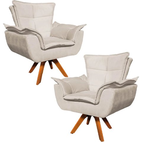 Kit 2 Poltronas Decorativas Base Giratória em Madeira Charger Suede Bege - Gran Belo