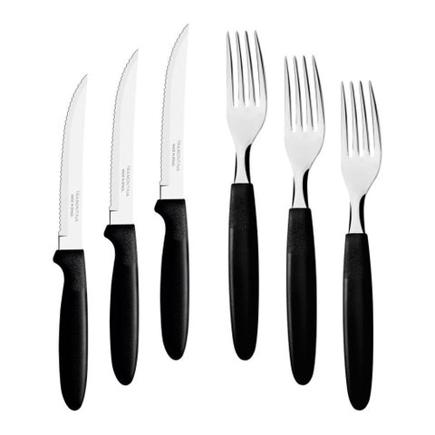 Kit - Jogo de Faca e Garfo Ipanema 96 Peças em Aço Inox Cabo Preto Ptop - Tramontina