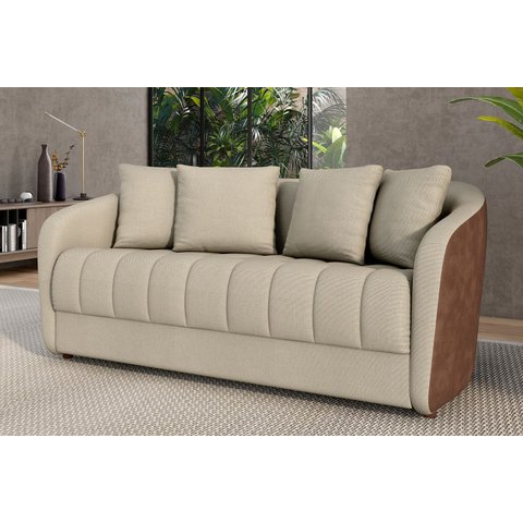 Sofá Living 186cm Linho Bege Caramelo 3 Lugares com 4 Almofadas Abba