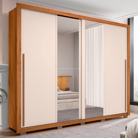 Guarda-roupa Casal Praticus Lux 2 Portas 4 Gavetas com Espelho 100% Mdf Freijó/off White - Caemmun