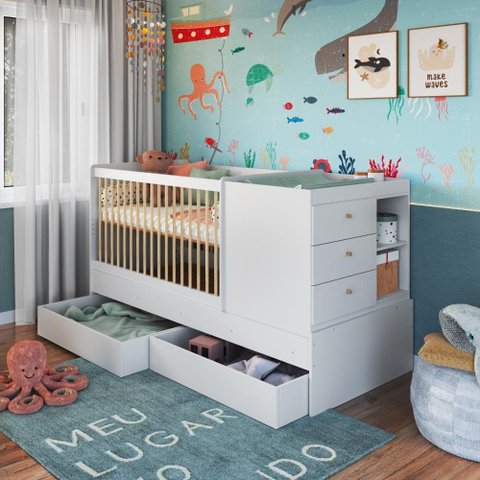 Berço Multifuncional com Cômoda e Gavetas Branco - Completa Móveis