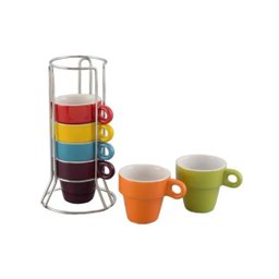 Xicaras coloridas p/café 50ml Cerâmica c/ 6 pç - c/ Suporte - 1