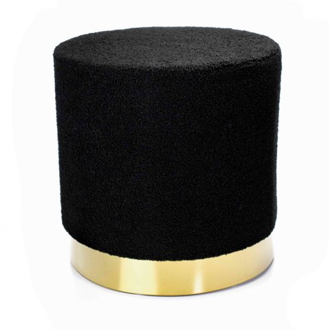 Puff Decorativo Redondo em Bouclê Preto com Detalhe Dourado na Base 40cm
