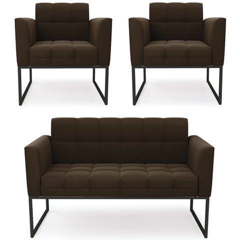 Sofá Namoradeira e 2 Poltronas Base Industrial Preto Ana Suede Marrom - Ibiza
