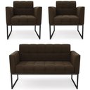 Ver imagem 1 de Sofá Namoradeira e 2 Poltronas Base Industrial Preto Ana Suede Marrom - Ibiza