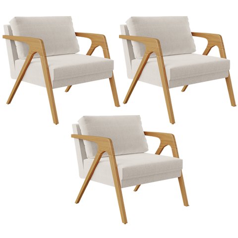 Kit 3 Poltronas Decorativas para Sala Estar Pietra Estrutura de Madeira L02 Linho Cru - Lyam Decor