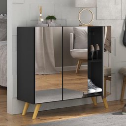 Sapateira Retrô com Espelho 3 Portas Nina Multimóveis MP6022 Preta/Natural - 1