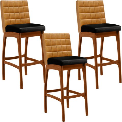 Kit 03 Banquetas Altas Cozinha Sala Jantar Fixa Mila B04 Couríssimo Whisky Couríssimo Preto - Lyam D