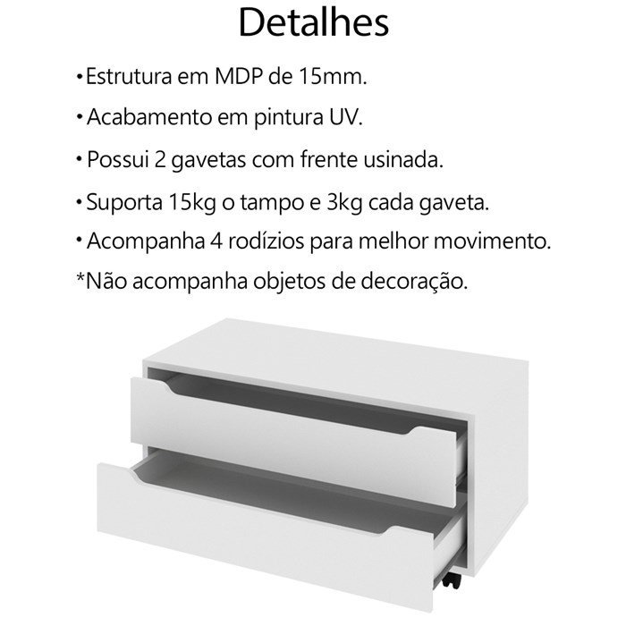 Balcao Gabinete com 2 Gavetas e 4 Rodizios Bn3643 Branco Tecno Mobili - 3