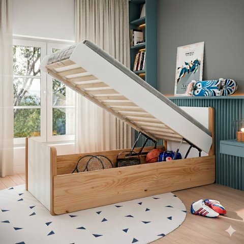 Cama Solteiro Bau em Madeira Maciça Flow Branco/Marrom Pine