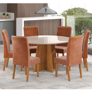 Mesa de Jantar Redonda Julieta com 6 Cadeiras Fran Mel/off White/terracota - Casa Giulia